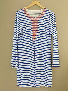 Cabana Life Embroidered Cover Up Coral Emblem Blue White Stripe Swim Dress L